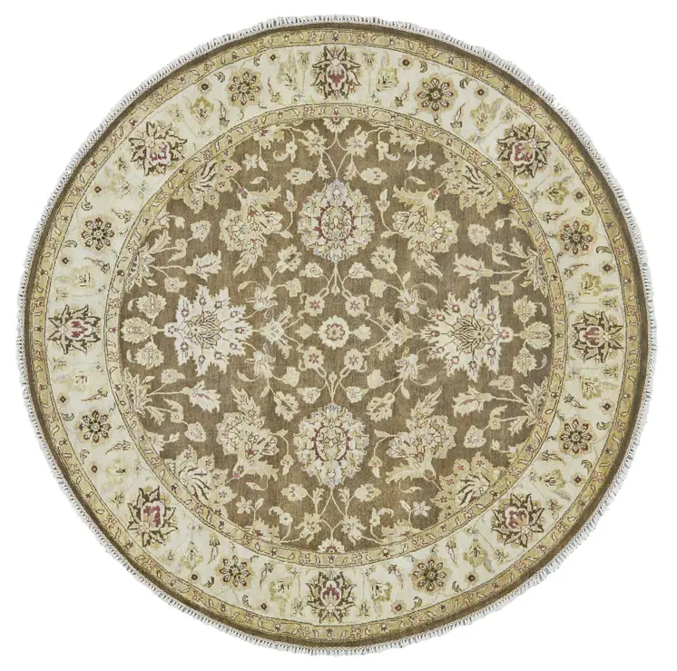 8' Brown Gold and Tan Wool Oriental Hand Knotted Round Rug