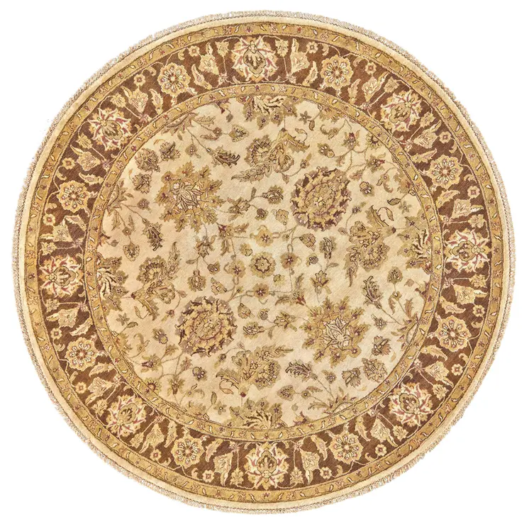 8' Ivory Gold and Brown Wool Oriental Hand Knotted Round Rug
