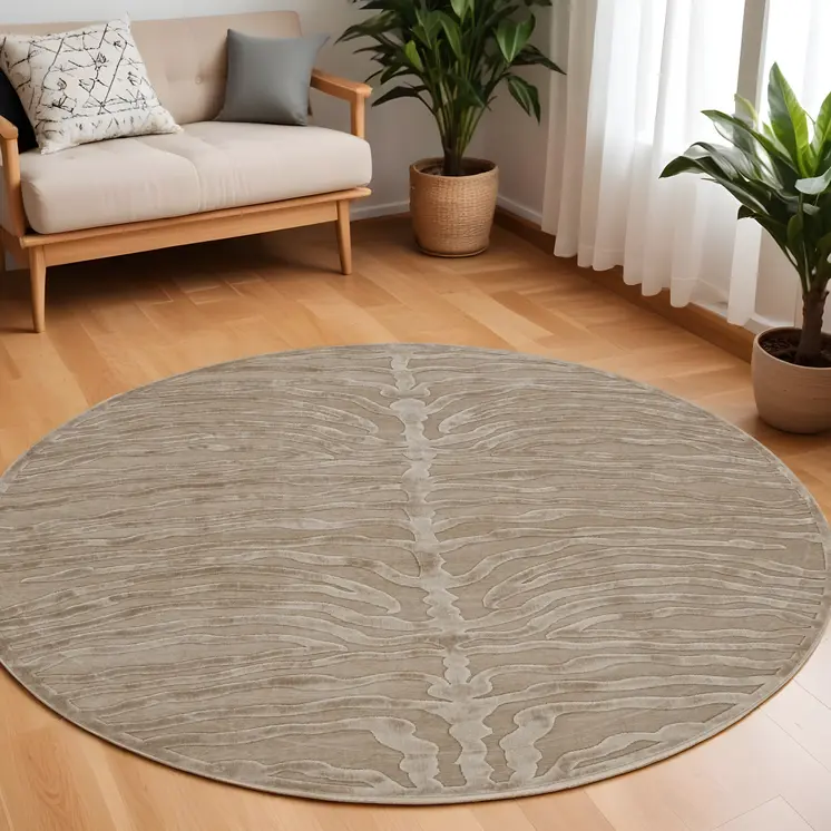 8' Tan and Ivory Animal Print Power Loom Round Rug