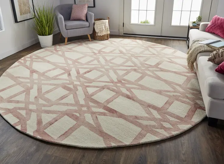 10' Pink and Ivory Wool Geometric Hand Tufted Round Rug