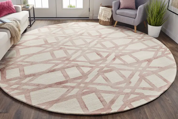 10' Pink and Ivory Wool Geometric Hand Tufted Round Rug