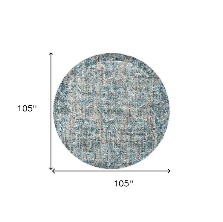 9' Blue Taupe and Ivory Abstract Power Loom Worn Faded Round Rug