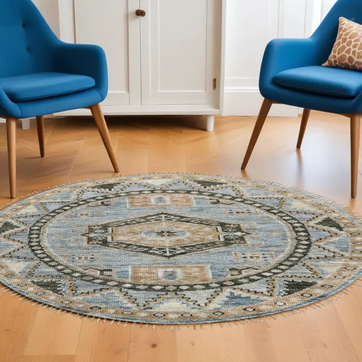 8' Blue Green and Tan Wool Oriental Hand Knotted Round Rug With Fringe