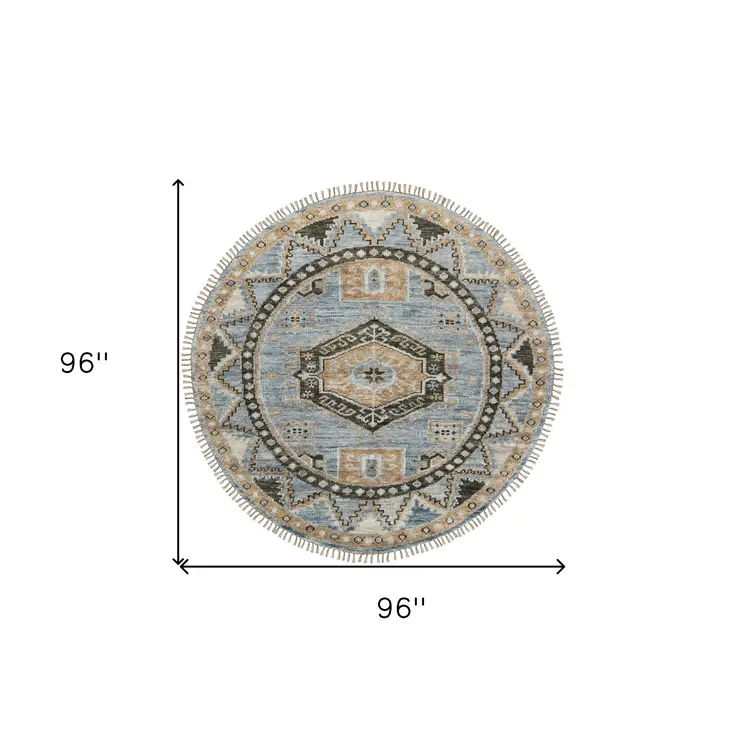 8' Blue Green and Tan Wool Oriental Hand Knotted Round Rug With Fringe