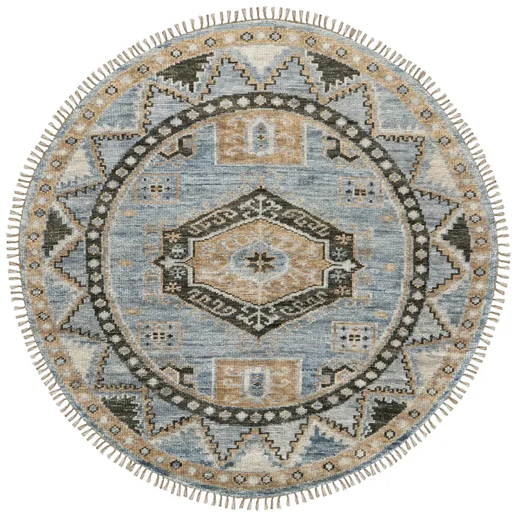 8' Blue Green and Tan Wool Oriental Hand Knotted Round Rug With Fringe