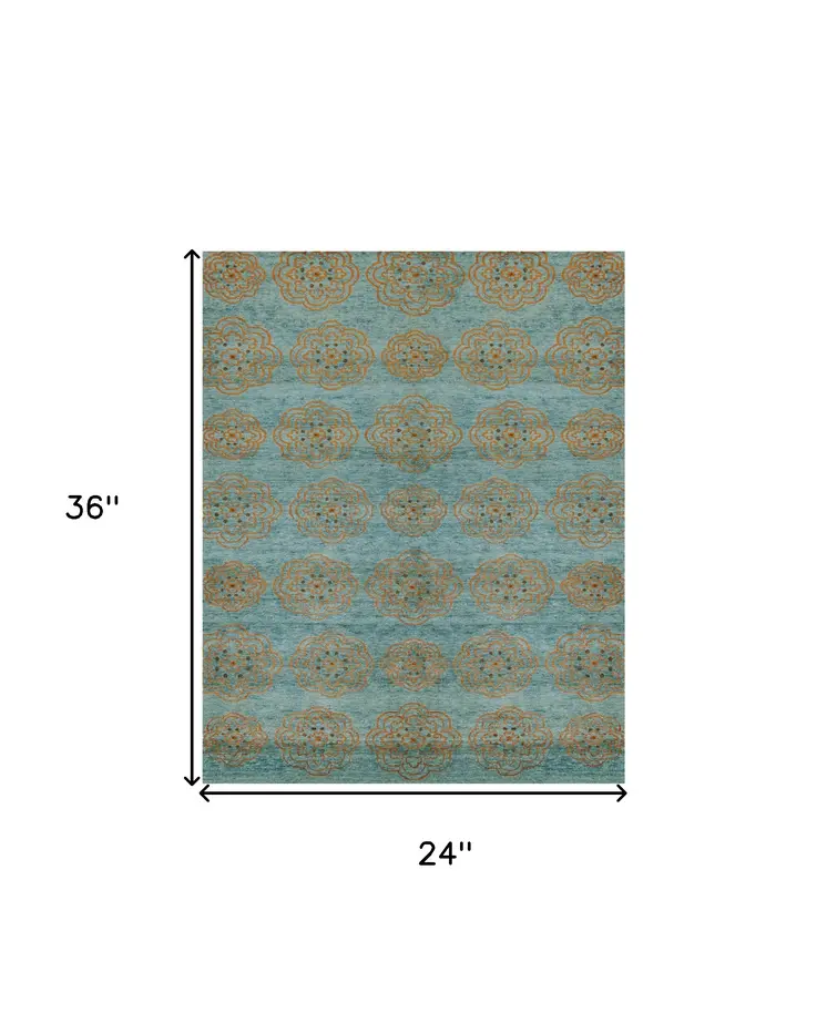 2' X 3' Green and Brown Floral Hand Knotted Worn Faded Area Rug