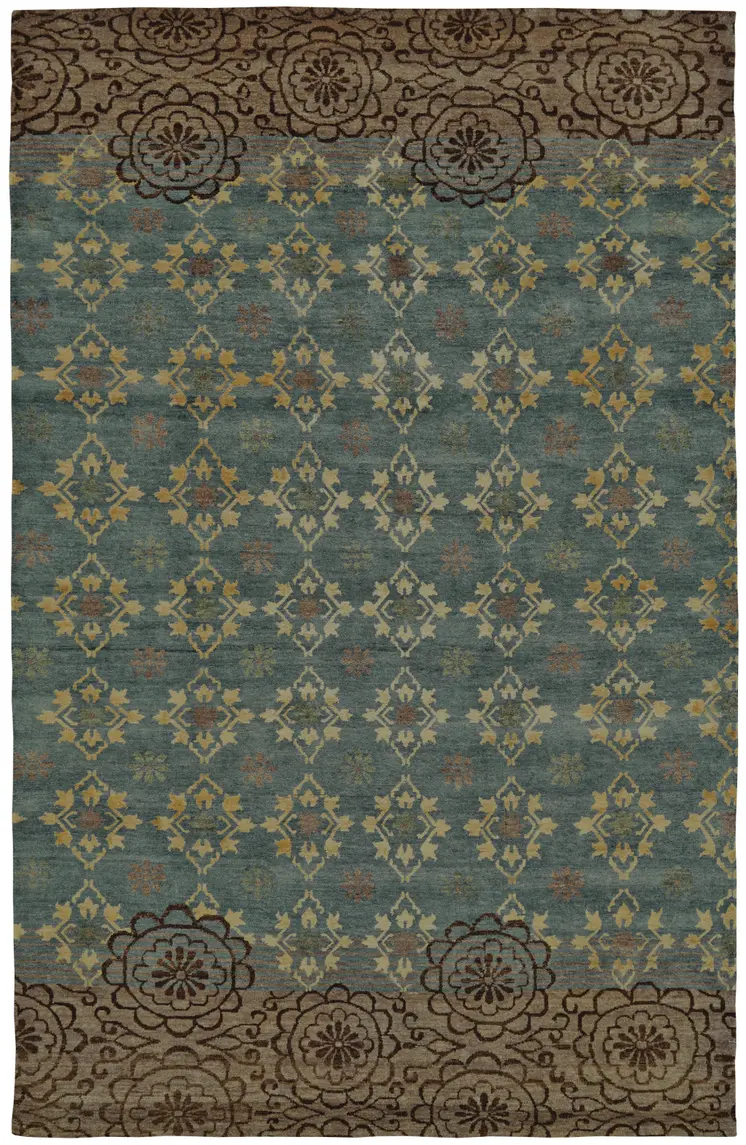 2' X 3' Blue Green and Brown Floral Hand Knotted Area Rug