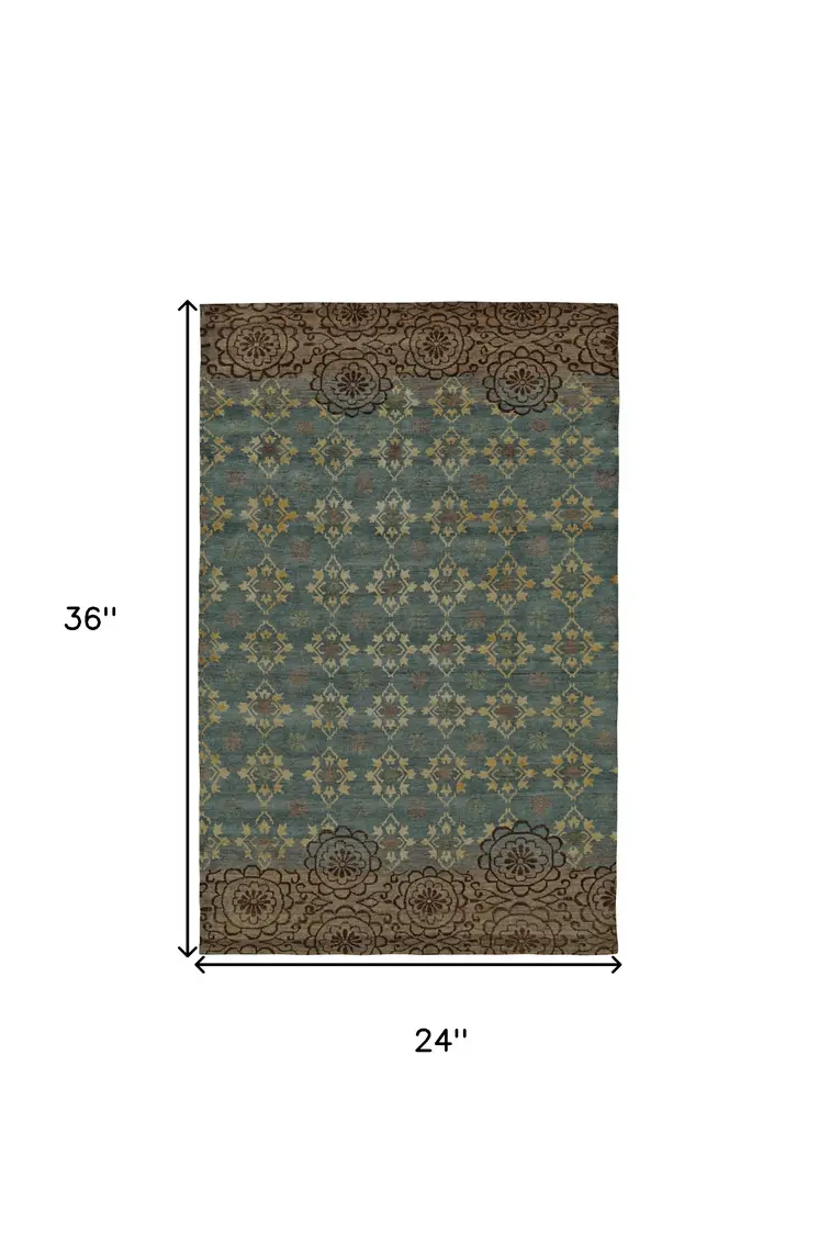 2' X 3' Blue Green and Brown Floral Hand Knotted Area Rug