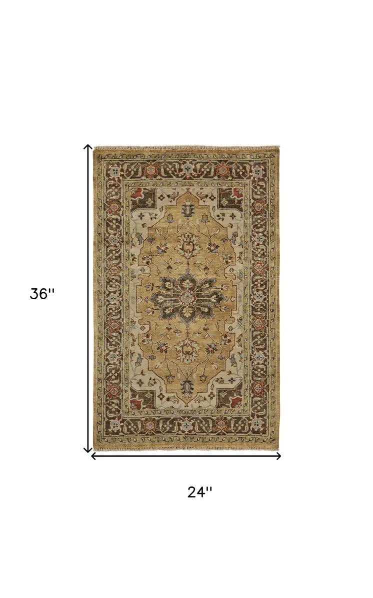 2' X 3' Tan Brown and Gold Wool Oriental Hand Knotted Area Rug