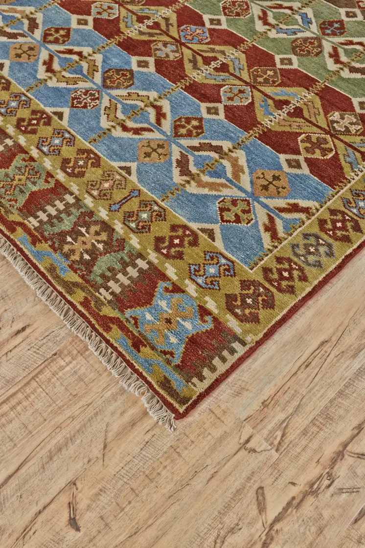 2' X 3' Red Blue and Brown Wool Southwestern Hand Knotted Area Rug