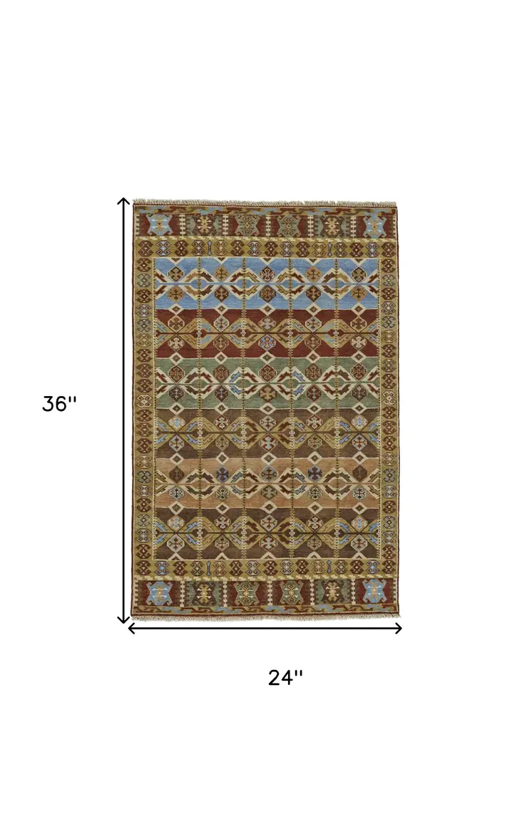 2' X 3' Red Blue and Brown Wool Southwestern Hand Knotted Area Rug