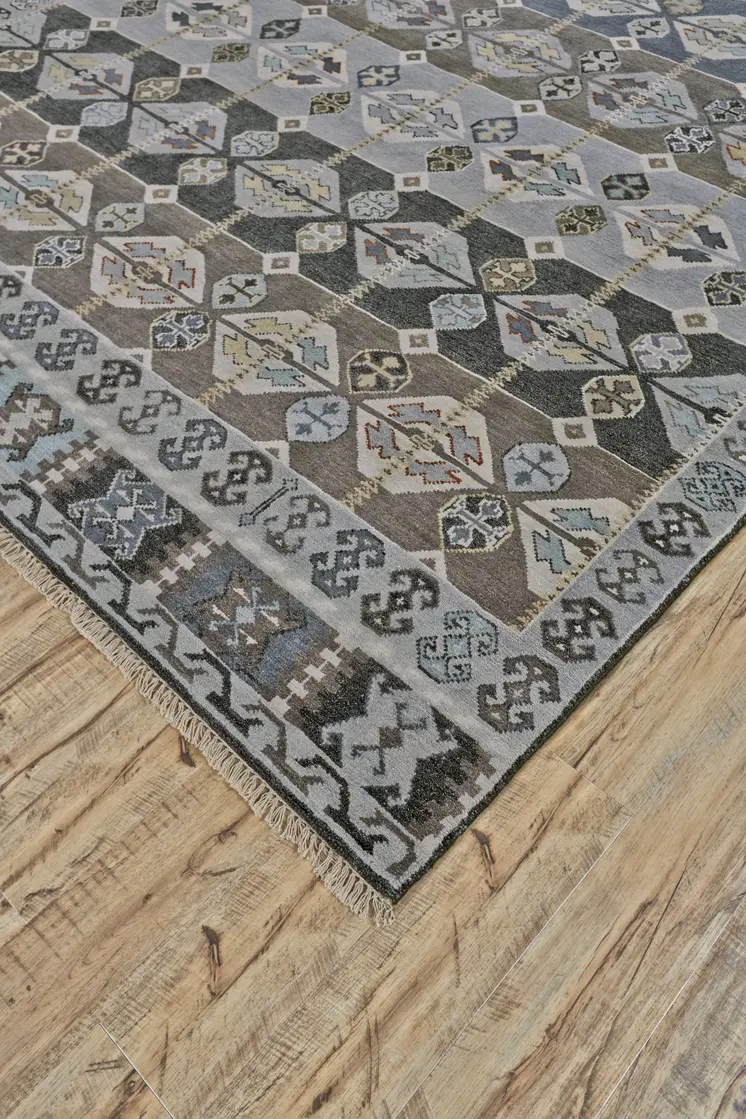 2' X 3' Blue Brown and Gray Wool Southwestern Hand Knotted Area Rug
