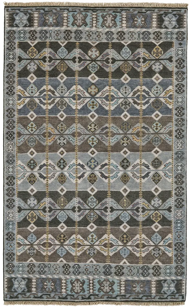 2' X 3' Blue Brown and Gray Wool Southwestern Hand Knotted Area Rug