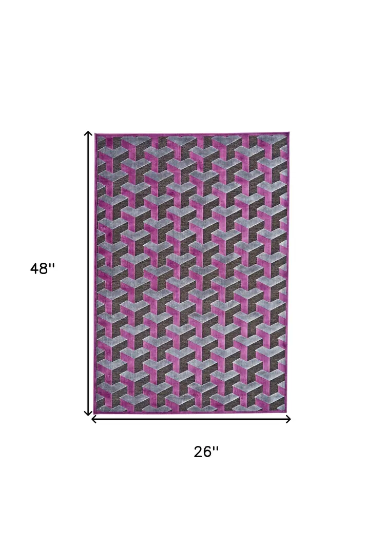 2' X 4' Purple Brown and Gray Geometric Power Loom Area Rug