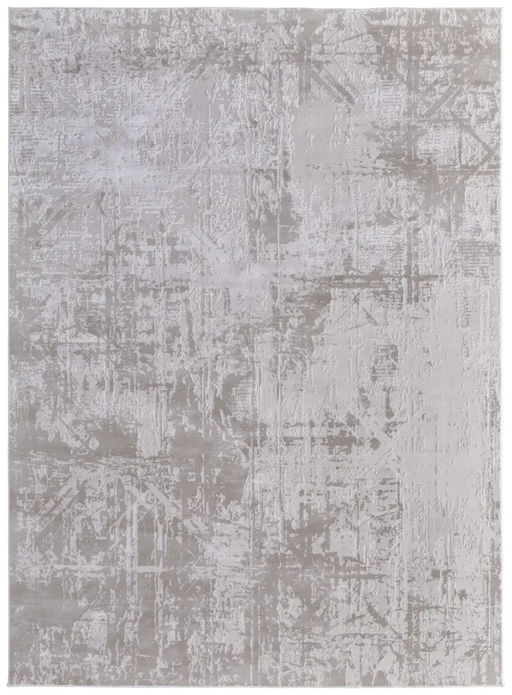 2' X 3' Ivory and Silver Abstract Power Loom Worn Faded Area Rug