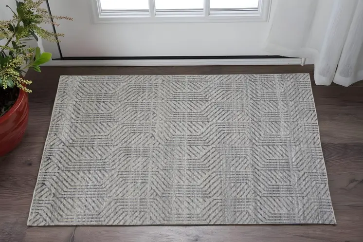 2' X 3' Tan and Gray Wool Geometric Hand Knotted Area Rug
