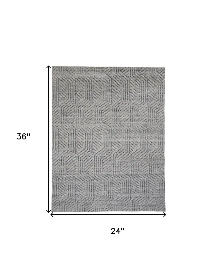2' X 3' Tan and Gray Wool Geometric Hand Knotted Area Rug