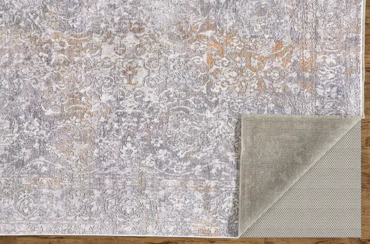 2' X 3' Gray and Orange Abstract Power Loom Worn Faded Area Rug With Fringe