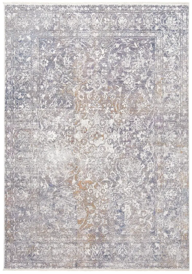 2' X 3' Gray and Orange Abstract Power Loom Worn Faded Area Rug With Fringe