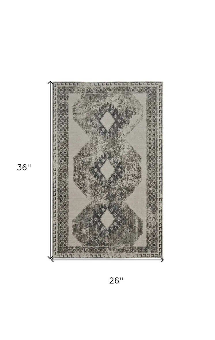 2' X 3' Gray Ivory and Taupe Abstract Power Loom Worn Faded Area Rug