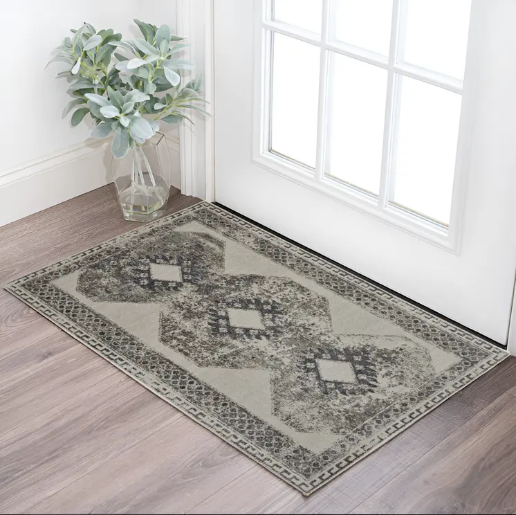2' X 3' Gray Ivory and Taupe Abstract Power Loom Worn Faded Area Rug