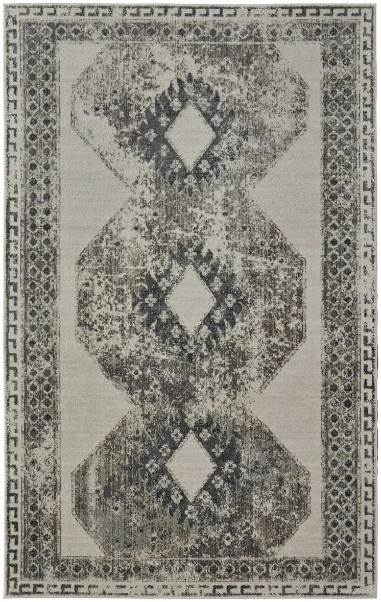 2' X 3' Gray Ivory and Taupe Abstract Power Loom Worn Faded Area Rug