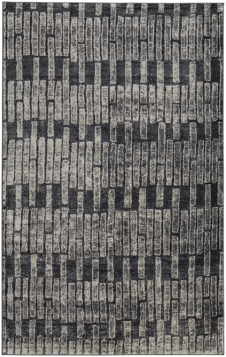 2' X 3' Gray Black and Ivory Geometric Power Loom Worn Faded Area Rug
