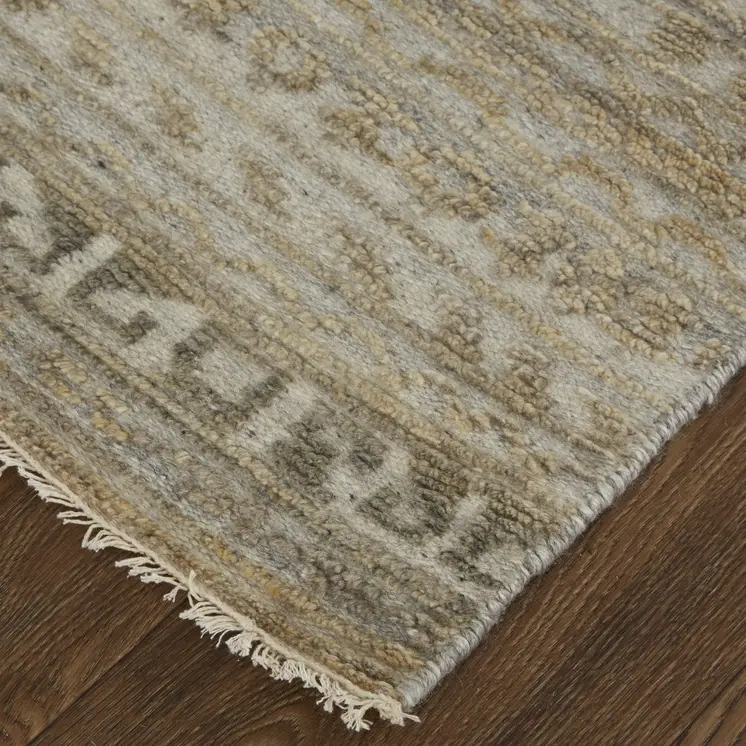 2' X 3' Ivory Gold and Tan Geometric Hand Knotted Worn Faded Area Rug