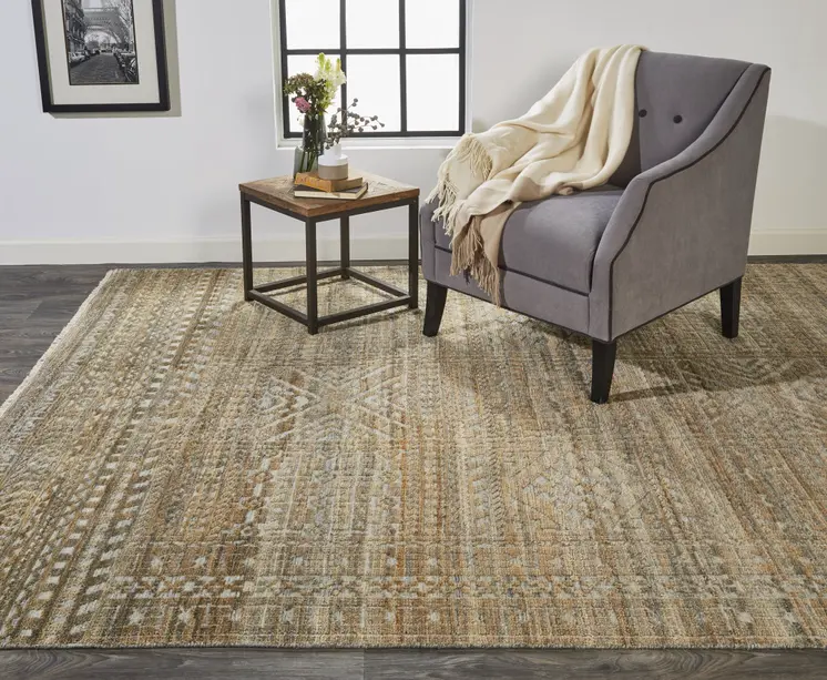 2' X 3' Ivory Gold and Tan Geometric Hand Knotted Worn Faded Area Rug