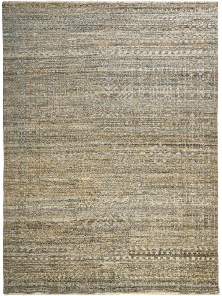 2' X 3' Ivory Gold and Tan Geometric Hand Knotted Worn Faded Area Rug