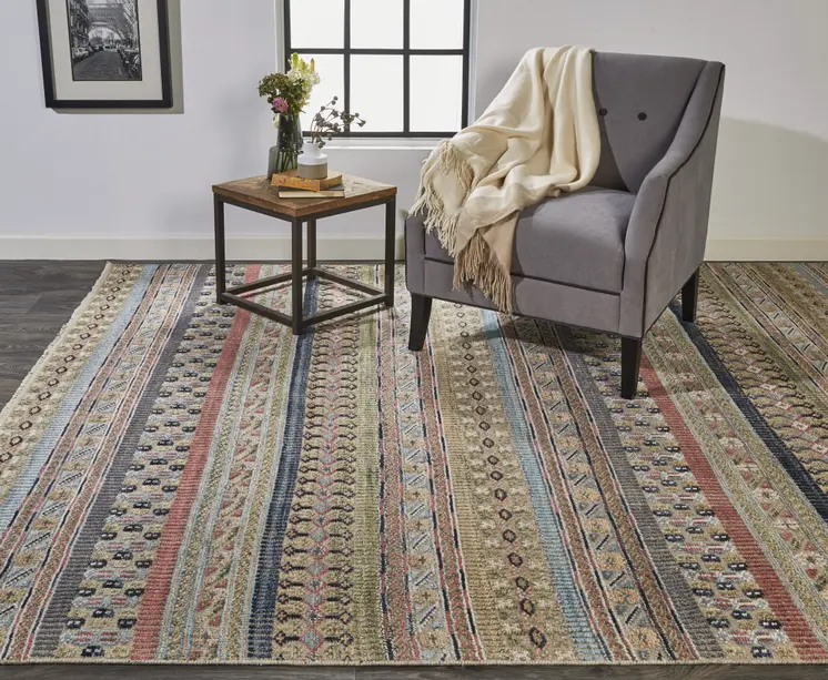 2' X 3' Tan Orange and Blue Striped Hand Knotted Area Rug