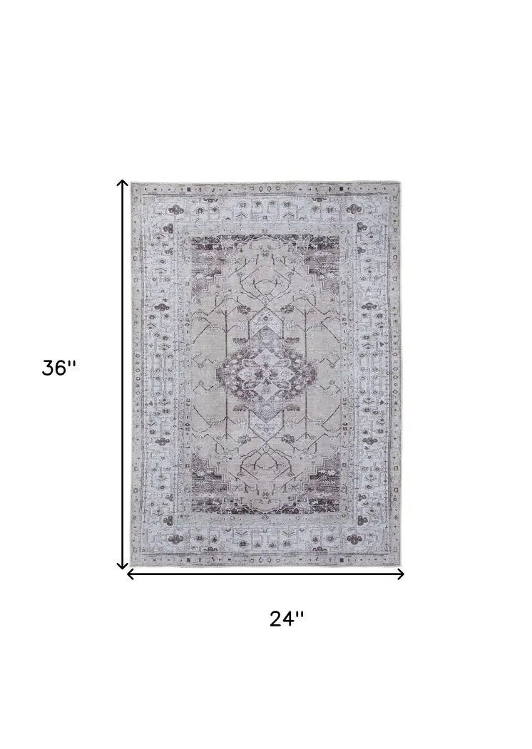 2' X 3' Tan and Gray Oriental Power Loom Worn Faded Washable Area Rug