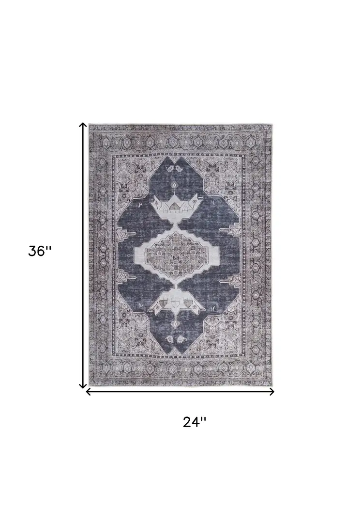 2' X 3' Gray Ivory and Taupe Oriental Power Loom Washable Area Rug