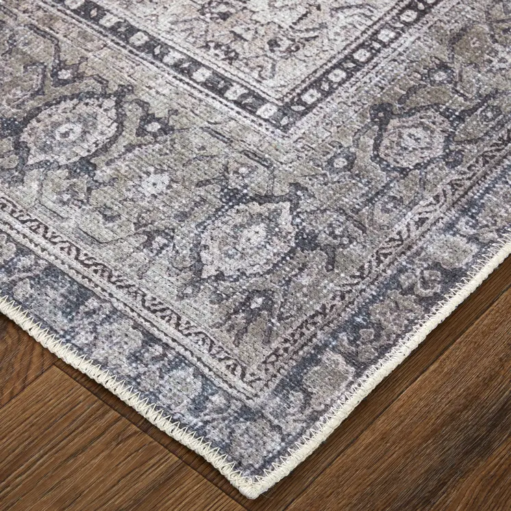2' X 3' Gray Ivory and Taupe Oriental Power Loom Washable Area Rug