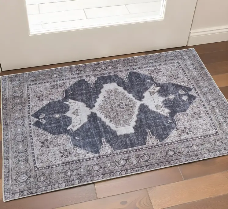 2' X 3' Gray Ivory and Taupe Oriental Power Loom Washable Area Rug