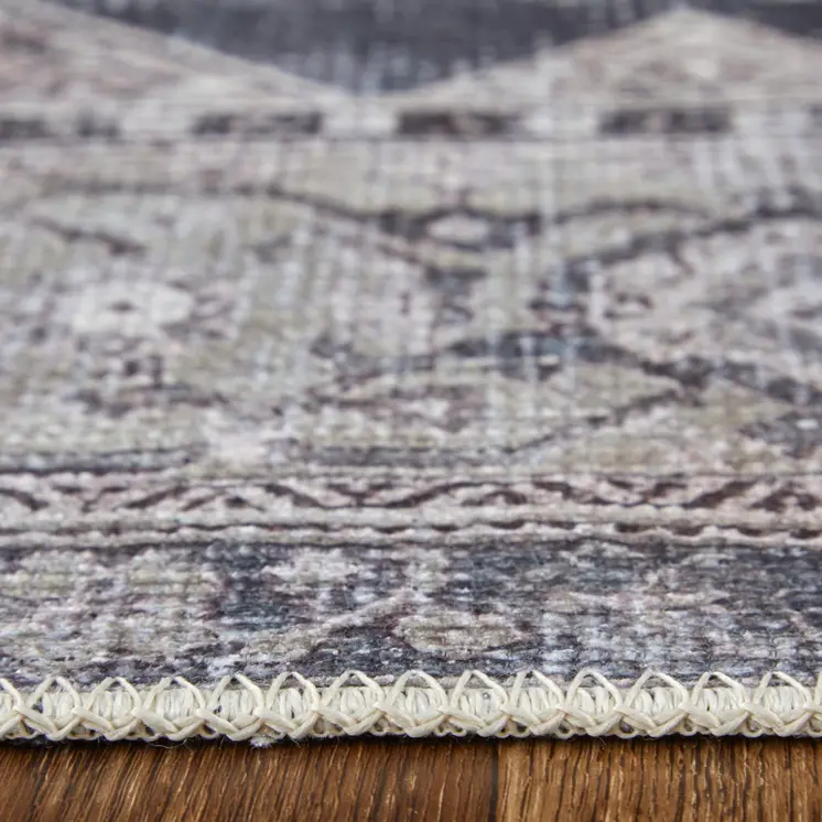 2' X 3' Gray Ivory and Taupe Oriental Power Loom Washable Area Rug