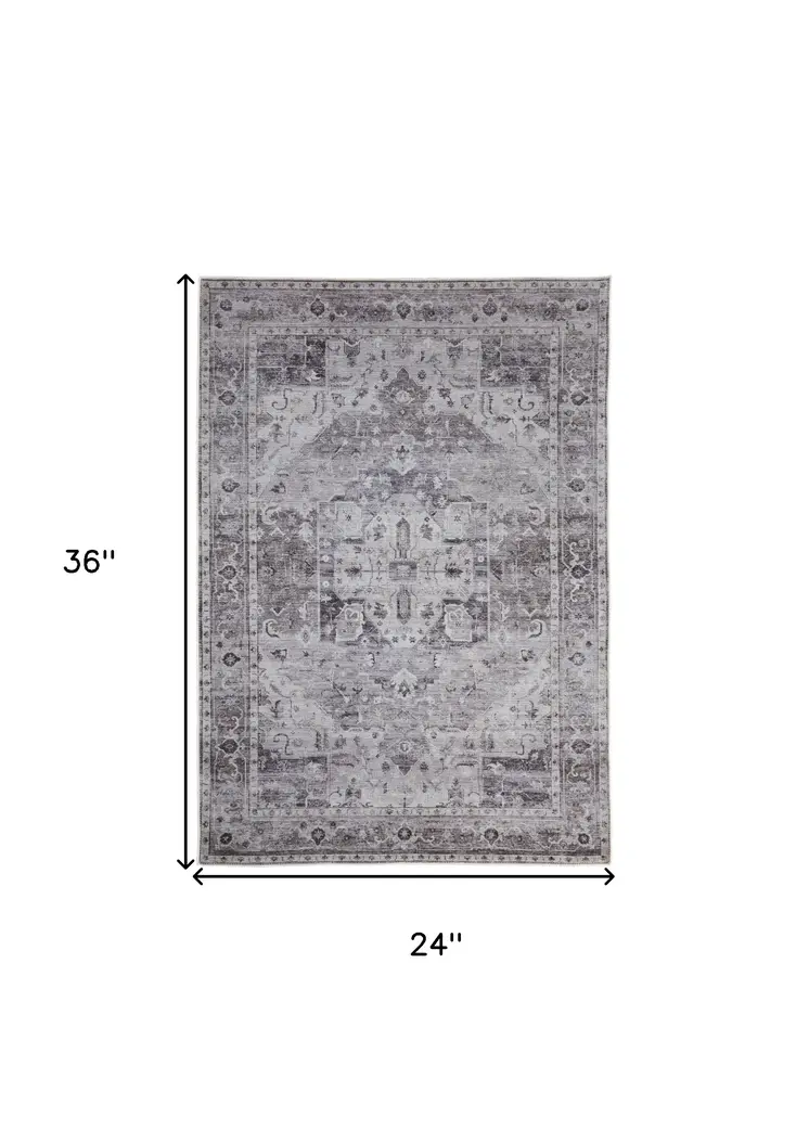 2' X 3' Gray and Ivory Oriental Power Loom Worn Faded Washable Area Rug