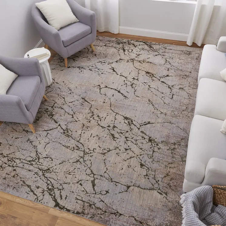 2' X 3' Taupe Green and Tan Abstract Power Loom Area Rug