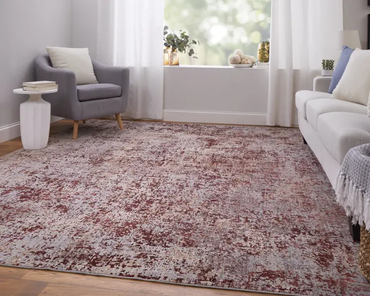 2' X 3' Red Gray and Pink Abstract Power Loom Area Rug