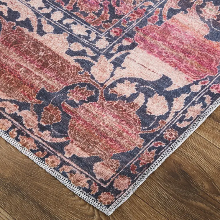 9' X 12' Red Gray and Orange Damask Power Loom Worn Faded Washable Area Rug