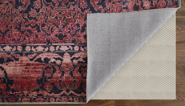 9' X 12' Red Gray and Orange Damask Power Loom Worn Faded Washable Area Rug
