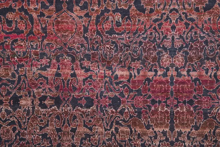 9' X 12' Red Gray and Orange Damask Power Loom Worn Faded Washable Area Rug