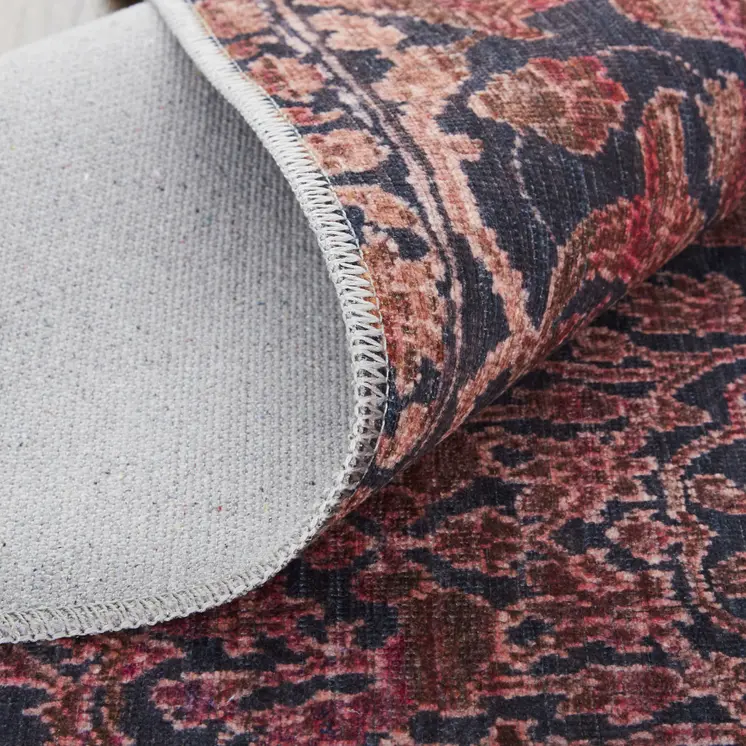 9' X 12' Red Gray and Orange Damask Power Loom Worn Faded Washable Area Rug
