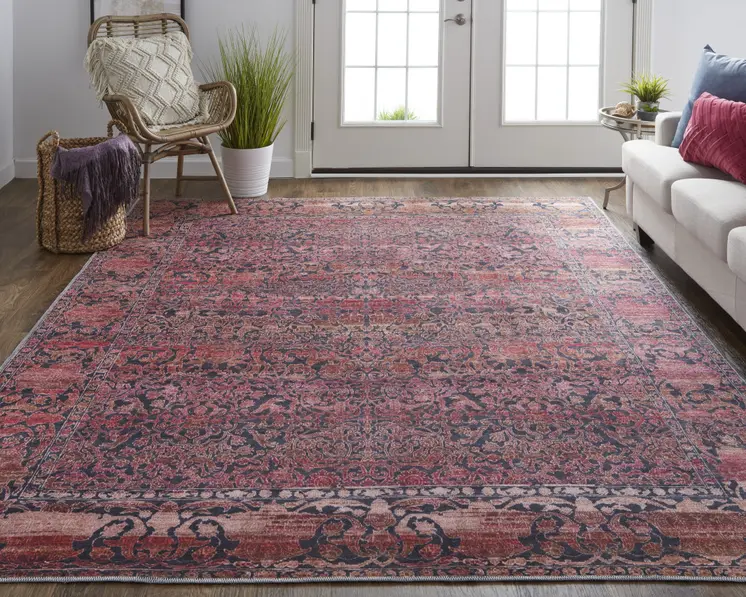 9' X 12' Red Gray and Orange Damask Power Loom Worn Faded Washable Area Rug