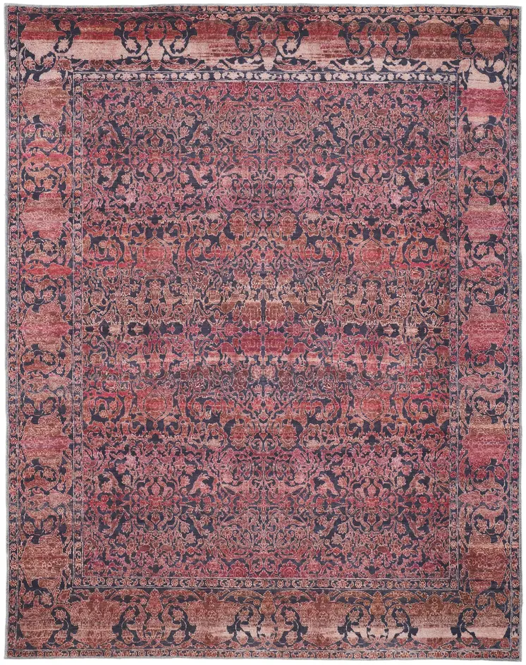 9' X 12' Red Gray and Orange Damask Power Loom Worn Faded Washable Area Rug