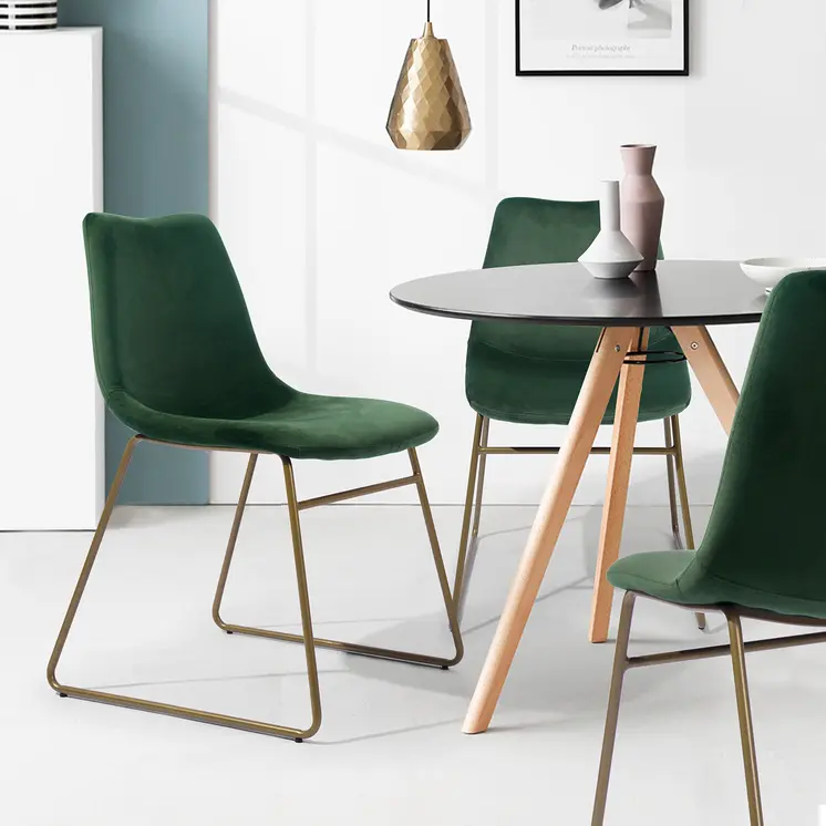 Set of Two Dark Green and Gold Upholstered Velvet Dining Side Chairs