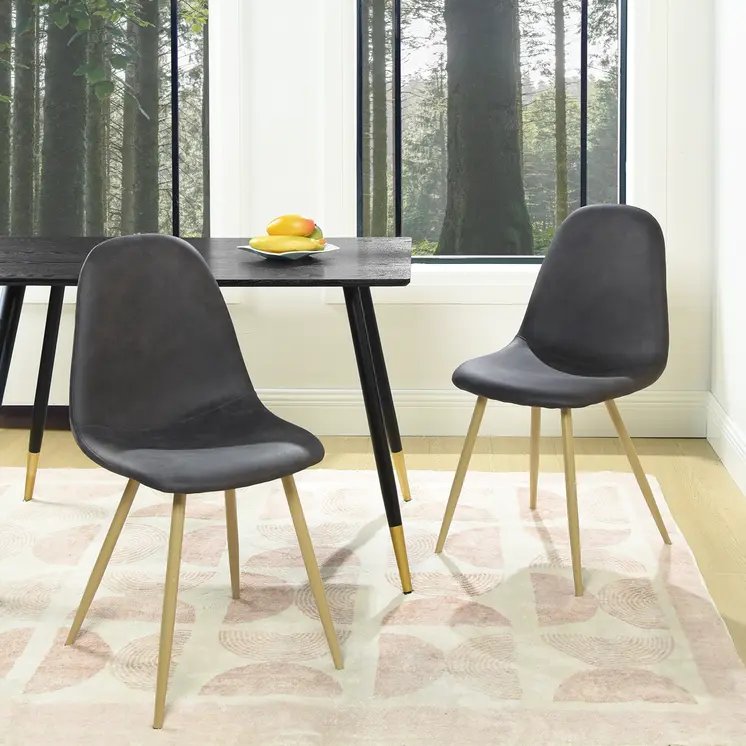 Set of Two Black and Gold Upholstered Faux Leather Dining Side Chairs