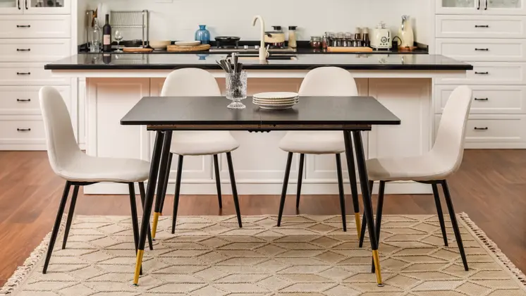 Set of Four Beige and Black Upholstered Fabric Dining Side Chairs