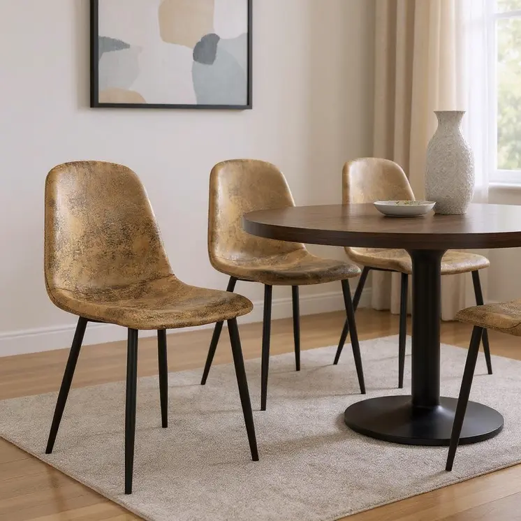 Set of Four Brown and Black Upholstered Suede Dining Side Chairs
