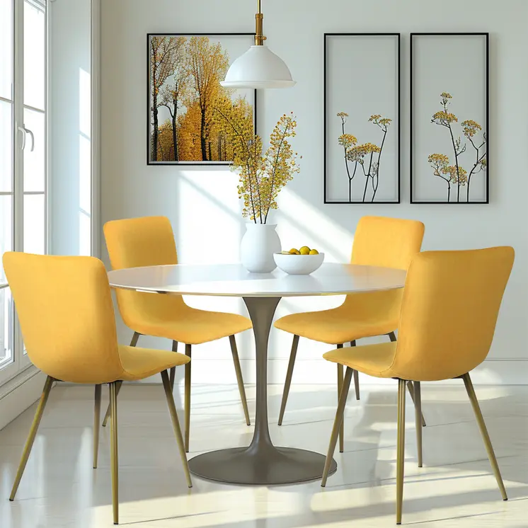 Set of Four Yellow and Gold Upholstered Fabric Dining Side Chairs